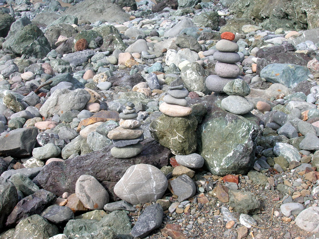 stone piles on Mile Rock Beach